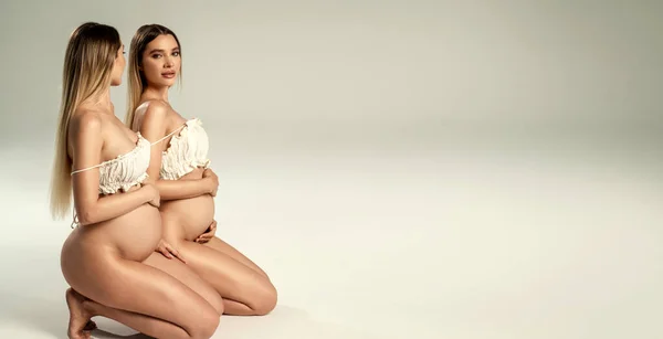 Koncepcyjne Zdjęcie Dwóch Pięknych Bliźniaczek Ciąży Pozujących Razem Studio Dużo — Zdjęcie stockowe