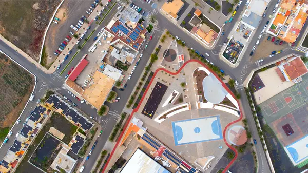 西班牙加那利群岛弗尔特文图拉市的La Oliva市高空无人驾驶飞机图像 建筑物和汽车 — 图库照片