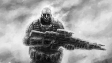 Takım elbiseli bir uzay askeri yanan bir arazide koşuyor. Orijinal bilim kurgu karakteri. Yabancı gezegende savaş. Kömür ve gürültü etkisi. Siyah beyaz arkaplan.