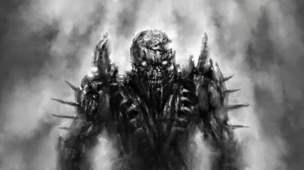 Alien emerges from dark forest and look with glowing eyes. Illustration in horror fiction genre. Coal and noise effect. Gloomy characters from nightmares. Black and white background.