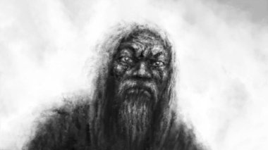 Korkunç yaşlı adam suratı. Karanlık fantezi türünde siyah beyaz çizimler. Kömür ve gürültü etkisi.