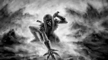 Tehlikeli savaşçı kız kılıcını kaldırır ve savaşa hazırlanır. Şeytani hayalet 2D illüstrasyon. Korku fantezi türü. Savaşçı kadın karakter. Lanet fırtına, cehennem kapısı. Siyah ve beyaz soyut arkaplan.