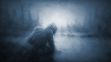 Korkunç adam oturur ve suyun yanında eğilir. Kapüşonlu yağmurluk giymiş insan figürü. Kasvetli 2D çizim. Karanlıktaki ürkütücü karakter. Mavi ve siyah arkaplan.