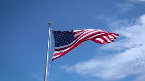 American Flag Blowing Wind Blue Sky Background — Stock Video
