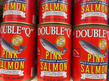 Grovetown, Ga USA - 01 02 23: Grocery store double Q salmon on a store shelf