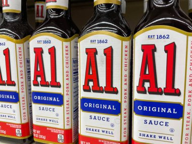 Grovetown, Ga USA - 01 02 23: Grocery store A1 steak sauce close up side view