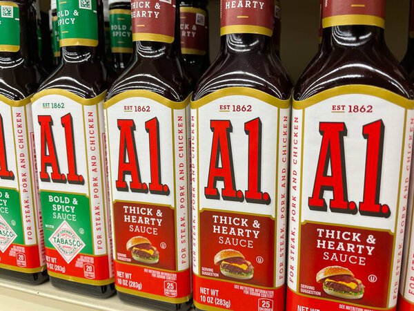 Grovetown, Ga USA - 01 02 23: Grocery store A1 steak sauce side view variety
