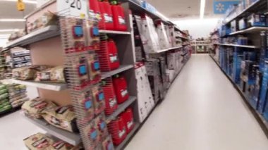Martinez, Ga USA - 01 21 22: Walmart super center interior POV walking beauty and lawn garden area