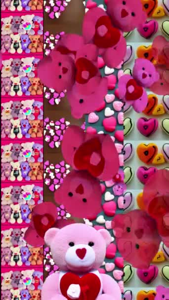 Vertical Valentines Day Animated Motion Background Shifting Changing Tiles Teddy — Wideo stockowe