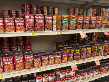 Hephzibah, Ga USA - 01 12 23: IGA Grocery store Canned baked beans section and prices