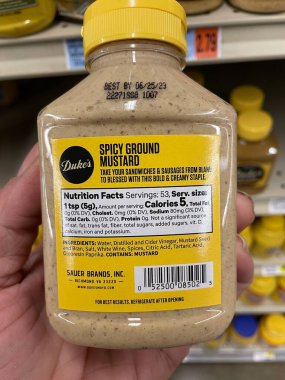 Hephzibah, Ga USA - 01 12 23: IGA Grocery store Dukes mustard ground ingredients label