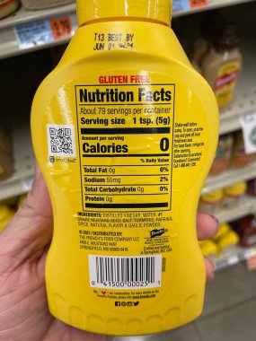 Hephzibah, Ga USA - 01 12 23: IGA Grocery store ingredients label Frenches yellow mustard