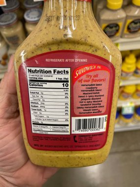 Hephzibah, Ga USA - 01 12 23: IGA Grocery store ingredients label Woebers sweet and spicy mustard