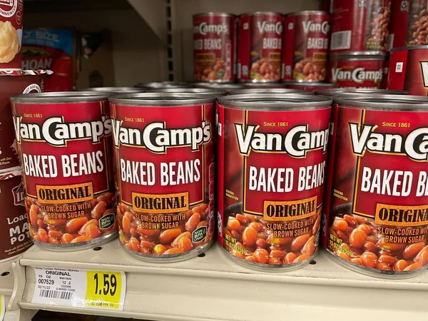 Hephzibah, Ga USA - 01 12 23: IGA Grocery store Van Camps canned baked beans and price 15 ounce