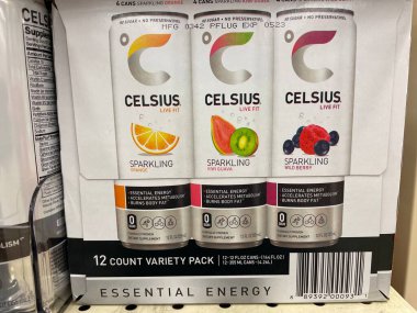 Grovetown, Ga USA - 01 13 23: Grocery store Celsius energy drinks on store shelf