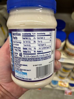 Grovetown, Ga USA - 01 13 23: Grocery store Hand holding Miracle Whip mayonnaise ingredients label