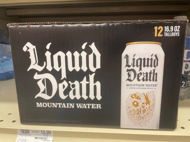 Grovetown, Ga USA - 02 17 23: Grocery store Liquid Death mountain water 12 pack on shelf