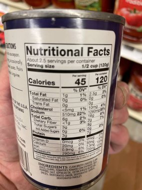 Grovetown, Ga USA - 01 15 23: Grocery store Delallo canned white clam sauce Nutrition label