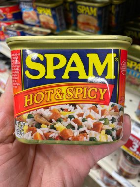 Grovetown, Ga USA - 01 15 23: Grocery store Spam canned meat hot and spicy