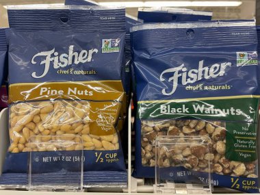 Grovetown, Ga USA - 09 03 22: Grocery store Fisher nuts in a bag pine and walnuts