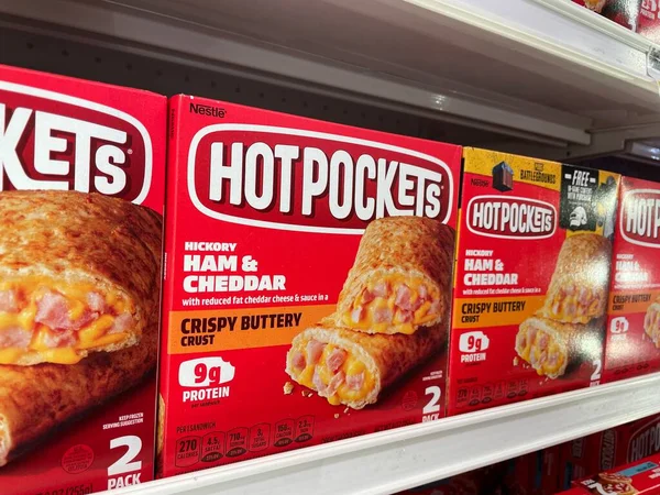 stock image Grovetown, Ga USA - 03 14 23: Grocery store Hot Pocket frozen snacks variety