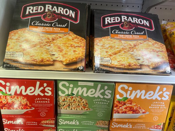 Grovetown, Ga USA - 04 23 23: Food Lion grocery store Red Baron and Simeks frozen pizza