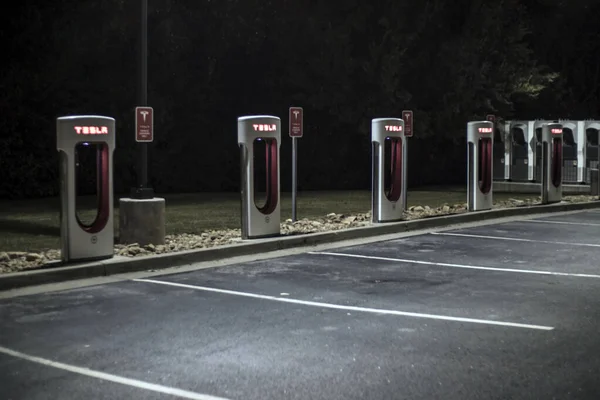 Stock image Augusta, Ga USA 11 23 20: Tesla Car charging stations at night in Steak n shake parking lot