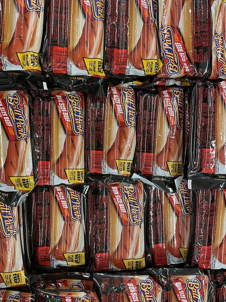 stock image Waynesboro, Ga USA - 05 26 23: Walmart supercenter store Ball Park hotdogs piled up