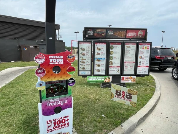 stock image Waynesboro, Ga USA - 05 26 23: Wendys fast food restaurant drive thru signs