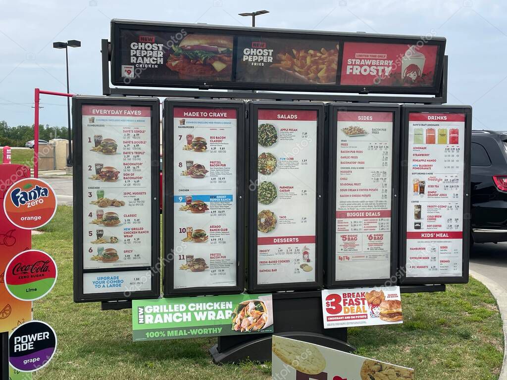 Waynesboro, Ga USA - 05 26 23: Wendys fast food restaurant drive thru order menu