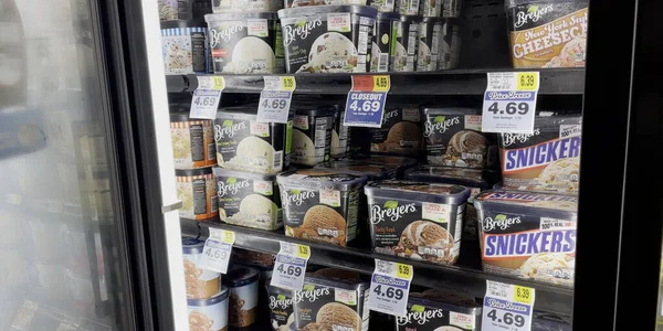 stock image Hephzibah, Ga USA - 06 15 23: KJs grocery store interior freezer door Breyers Ice Cream and prices