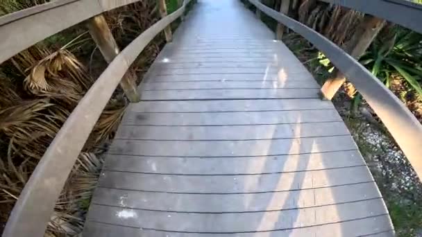 トレジャーアイランド アメリカ トレジャーアイランドビーチ貧困 ビーチへの木製の橋を歩く — ストック動画