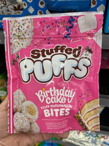 stock image Grovetown, Ga USA - 11 03 22: Walmart retail store interior stuffed puffs birthday cake marshmallows