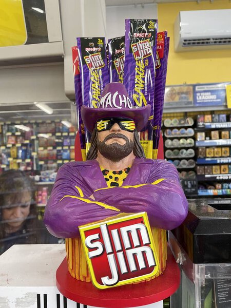 Grovetown, Ga USA - 08 06 23: Gas Pro convenience store Randy Macho man savage Slim Jim display
