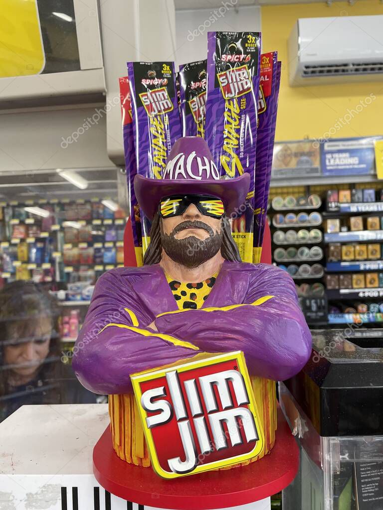 Grovetown, Ga USA - 08 06 23: Gas Pro convenience store Randy Macho man savage Slim Jim display
