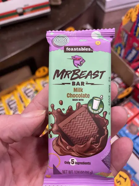 stock image Lakeland, Fla USA 12 31 23: Downtown Lakeland Florida Mr Beast candy bar in a 7 11 retail store