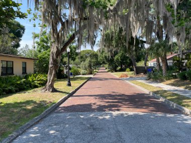 Lakeland Fla, ABD - 05: 18 24: Florida 'da eski bir mahallede tuğlalı asfalt yol