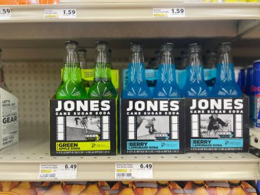 Lakeland Fla, USA - 05 19 24: Harveys grocery store interior Jones 4 pack drinks clipart