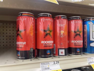 Lakeland Fla, USA - 05 19 24: Harveys grocery store interior Rockstar energy drink punched clipart