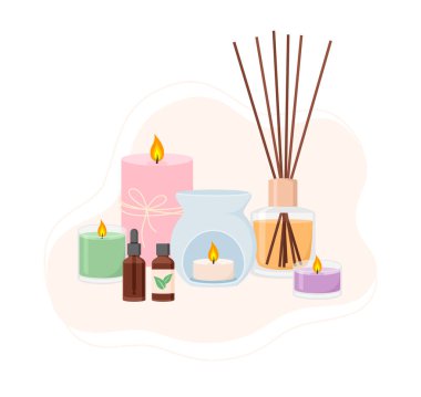 Aroma lambası, yayıcı, mum ve gerekli yağların bileşimi. Aromaterapi aksesuarları, düz şekilde vektör illüstrasyonu