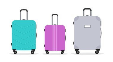 Beyaz arka planda izole edilmiş farklı boyut ve renklerde bavullar. Düz vektör illüstrasyonu