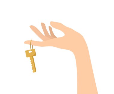 Altın anahtarı parmağında tutan bir el. Düz vektör çizimi beyaz arkaplanda izole edildi