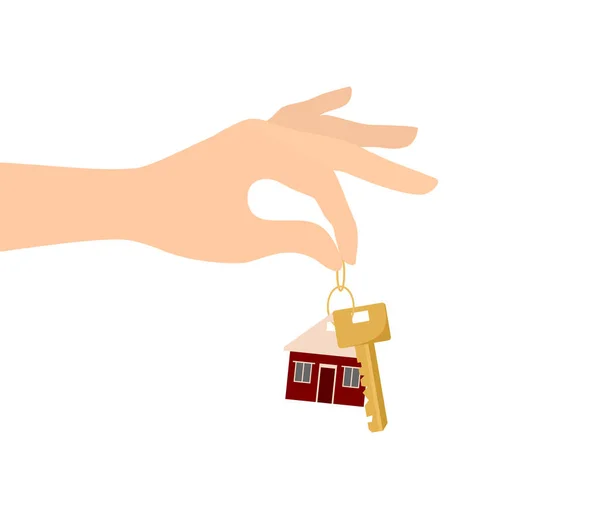 一只手 手里拿着一把金钥匙和一个家庭钥匙链 白色背景上孤立的平面矢量图解 — 图库矢量图片