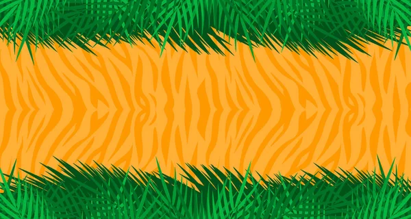 Orange Tiger Print Hintergrund Mit Palmblättern Rahmen Flache Vektorabbildung — Stockvektor