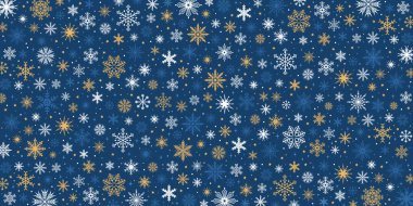 Mavi arka planda kar taneleri. Noel deseni. Düz biçimli vektör illüstrasyonu