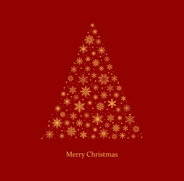 Weihnachtsbaum Aus Goldenen Schneeflocken Auf Rotem Hintergrund Weihnachtsgrußkarte Vorhanden Vektorillustration — Stockvektor