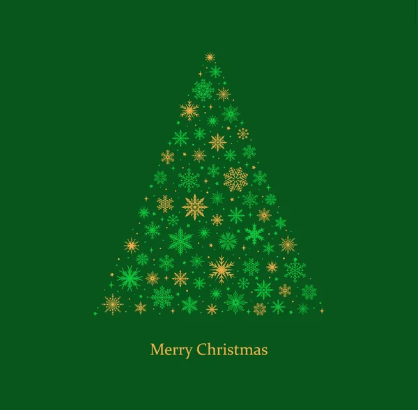 Weihnachtsbaum Aus Grünen Und Goldenen Schneeflocken Auf Grünem Hintergrund Weihnachtsgrußkarte — Stockvektor