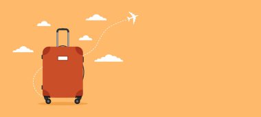 Turuncu arkaplanlı uçak ve bulutlar, kopyala uzayı. Seyahat konsepti. Düz vektör illüstrasyonu