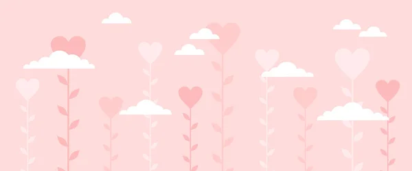 Καρδιές Μίσχους Και Σύννεφα Ροζ Φόντο Πανό Του Αγίου Βαλεντίνου — Διανυσματικό Αρχείο