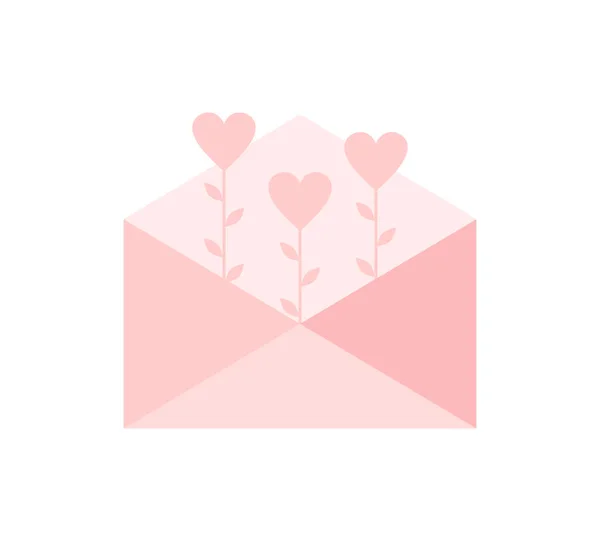 白い背景に茎の上に心を持つピンクの封筒 ハッピーバレンタインデー 愛の手紙のコンセプト 平面ベクトル図 — ストックベクタ